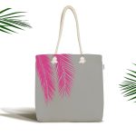 - Canta-5235fusya - Realhomes Gri Zeminde Fuşya Palmiye Yaprakları Motifli Kumaş Plaj Çantası Realhomes