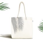 Beyaz Zeminde Gri Palmiye Yaprakları Özel Tasarım Kumaş Plaj Çantası Realhomes