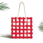 - Canta-5236kirmizi - Realhomes Kırmızı Zeminde Geometrik Kare Motifli Kumaş Plaj Çantası Realhomes