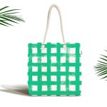 - Canta-5236yesil - Realhomes Yeşil Zeminde Geometrik Kare Motifli Kumaş Plaj Çantası Realhomes