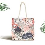 - Canta-5251 - Realhomes Beyaz Zeminde Renkli Yaprak Desenli Kumaş Plaj Çantası Realhomes