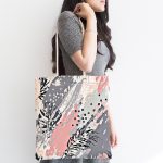 - Canta-5254-1 - Realhomes Pembe Ve Gri Ağırlıklı Sulu Boya Yaprak Motifli Kumaş Plaj Çantası Realhomes