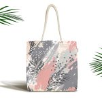- Canta-5254 - Realhomes Pembe Ve Gri Ağırlıklı Sulu Boya Yaprak Motifli Kumaş Plaj Çantası Realhomes