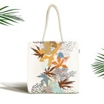 - Canta-5255 - Realhomes Beyaz Zeminde Mavi Ve Turuncu Yaprak Desenli Kumaş Plaj Çantası Realhomes