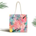 - Canta-5256 - Realhomes Mavi Zemin Üzerinde Pembe Yaprak Motifli Kumaş Plaj Çantası Realhomes
