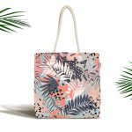 - Canta-5257 - Realhomes Gri Zemin Üzerimde Pembe Lacivert Yaprak Motifli Dijital Baskılı Kumaş Plaj Çantası Realhomes