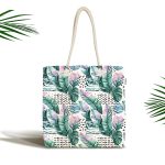 - Canta-5261 - Realhomes Benekli Zemin Üzerinde Yeşil Ve Pembe Yaprak Motifli Kumaş Plaj Çantası Realhomes