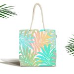 - Canta-5266 - Realhomes Mavi Ve Pembe Yaprak Çizimli Özel Tasarım Dijital Baskılı Kumaş Plaj Çantası Realhomes