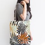 - Canta-5271-1 - Realhomes Kahverengi Ve Gri Yaprak Desenli Kumaş Plaj Çantası Realhomes