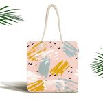 - Canta-5295 - Realhomes Pembe Zemin Üzerinde Sulu Boya Gold Ve Mavi Çizimli Kumaş Plaj Çantası Realhomes