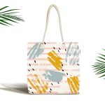 - Canta-5300 - Realhomes Beyaz Zeminde Sulu Boya Pembe Yan Çizgi Motifli Kumaş Plaj Çantası Realhomes