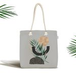 - Canta-5308gri - Realhomes Gri Zemin Üzerinde Soyut Yaprak Çizimli Modern Özel Tasarım Kumaş Plaj Çantası Realhomes
