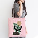 - Canta-5308pembe-1 - Realhomes Pembe Zemin Üzerinde Soyut Yaprak Çizimli Kumaş Plaj Çantası Realhomes