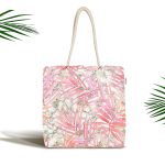 Mermer Zeminli Gold Ayrıntı Temalı Pembe Tropik Yaprak Desenli Kumaş Plaj Çantası Realhomes