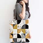 - Canta-5312-1 - Realhomes Geometrik Şekiller İçerisinde Gold Ve Siyah Motifli Kumaş Plaj Çantası Realhomes