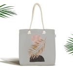 - Canta-5316gri - Realhomes Gri Zeminde Soyut Çizim Ay Ve Yaprak Motifli Kumaş Plaj Çantası Realhomes