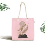 - Canta-5316pembe - Realhomes Pembe Zemin Üzerinde Soyut Çizim Ay Ve Yaprak Motifli Kumaş Plaj Çantası Realhomes