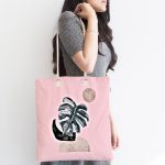 - Canta-5320pembe-1 - Realhomes Pembe Zeminde Tropik Yaprak Desen Dijital Baskılı Özel Tasarım Kumaş Plaj Çantası Realhomes