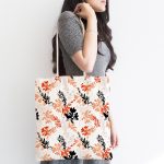 - Canta-5350-1 - Realhomes Turuncu Siyah Renkli Yaprak Dijital Baskılı Özel Tasarım Kumaş Plaj Çantası Realhomes