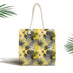 Sarı Zemin Üzerinde Beyaz Ve Gri Yaprak Motifli Kumaş Plaj Çantası Realhomes