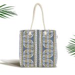 - Canta-5400 - Realhomes Kot Zeminli Düz Çizgili Yaprak Motifli Kumaş Plaj Çantası Realhomes