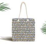 Gri Zemin Üzerinde Lacivert Yazı Motifli Kumaş Plaj Çantası Realhomes