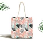 - Canta-5418 - Realhomes Soyut Çizimler İçerisinde Siyah Tropik Yaprak Motifli Kumaş Plaj Çantası Realhomes