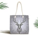 Gri Zeminde Yıldız Motifli Geometrik Geyik Dijital Baskılı Kumaş Plaj Çantası Realhomes