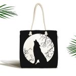 - Canta-5428 - Realhomes Siyah Zemin Üzerinde Kurt Desenli Kumaş Plaj Çantası Realhomes