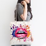 Sulu Boya Dudak Temalı Dekoratif Özel Tasarım Kumaş Plaj Çantası Realhomes