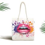 Sulu Boya Dudak Temalı Dekoratif Özel Tasarım Kumaş Plaj Çantası Realhomes