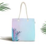- Canta-5517 - Realhomes Toz Mavisi Zeminli Tropik Yapraklı Özel Tasarım Dijital Baskılı Kumaş Plaj Çantası Realhomes