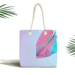 - Canta-5518sol - Realhomes Toz Mavisi Zeminli Tropik Yapraklı Özel Tasarım Modern Kumaş Plaj Çantası Realhomes