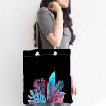 - Canta-5519-1 - Realhomes Siyah Zeminli Tropik Yapraklı Özel Tasarım Modern Kumaş Plaj Çantası Realhomes