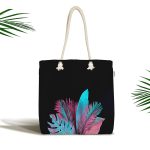 - Canta-5519 - Realhomes Siyah Zeminli Tropik Yapraklı Özel Tasarım Modern Kumaş Plaj Çantası Realhomes