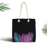 Siyah Zeminli Tropik Yapraklı Özel Tasarım Kumaş Plaj Çantası Realhomes
