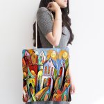 - Canta-5590-1 - Realhomes Renkli Sulu Boya Çizimli Gece Kondu Evleri Motifli Kumaş Plaj Çantası Realhomes