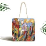 - Canta-5590 - Realhomes Renkli Sulu Boya Çizimli Gece Kondu Evleri Motifli Kumaş Plaj Çantası Realhomes