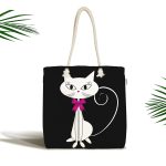 - Canta-5608 - Realhomes Siyah Zeminde Sevimli Beyaz Kedicik Özel Tasarımlı Kumaş Plaj Çantası Realhomes