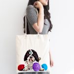 Renkli İp Toplarıyla Köpek Dijital Baskılı Kumaş Plaj Çantası Realhomes