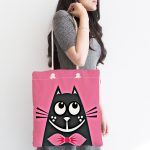 Çizgi Film Karakterli Pembe Zeminde Kedi Modern Kumaş Plaj Çantası Realhomes