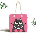Çizgi Film Karakterli Pembe Zeminde Kedi Modern Kumaş Plaj Çantası Realhomes