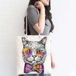 - Canta-5659-1 - Realhomes Renkli Gözlüklü Siyah Beyaz Kedi Dijital Baskılı Kumaş Plaj Çantası Realhomes