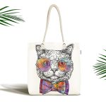 - Canta-5659 - Realhomes Renkli Gözlüklü Siyah Beyaz Kedi Dijital Baskılı Kumaş Plaj Çantası Realhomes