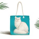 Mavi Zeminde Beyaz Kedi Desenli Kumaş Plaj Çantası Realhomes
