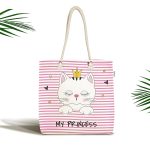 - Canta-5687 - Realhomes Realhomes My Princess Pembe Çizgiler Üzerinde Taçlı Kedicik Kumaş Plaj Çantası Realhomes