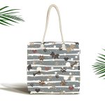 - Canta-5735 - Realhomes Gri Çizgili Zeminde Pati İzli Dijital Baskılı Kumaş Plaj Çantası Realhomes