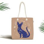 - Canta-5748 - Realhomes Haki Zeminli Mavi Kedi Desenli Özel Tasarım Kumaş Plaj Çantası Realhomes