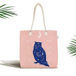 - Canta-5749 - Realhomes Bej Pembe Zeminde Mavi Baykuş Motifli Kumaş Plaj Çantası Realhomes