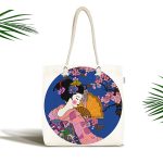 Çiçek Desenli Yelpazeli Japon Kız Motifli Modern Kumaş Plaj Çantası Realhomes